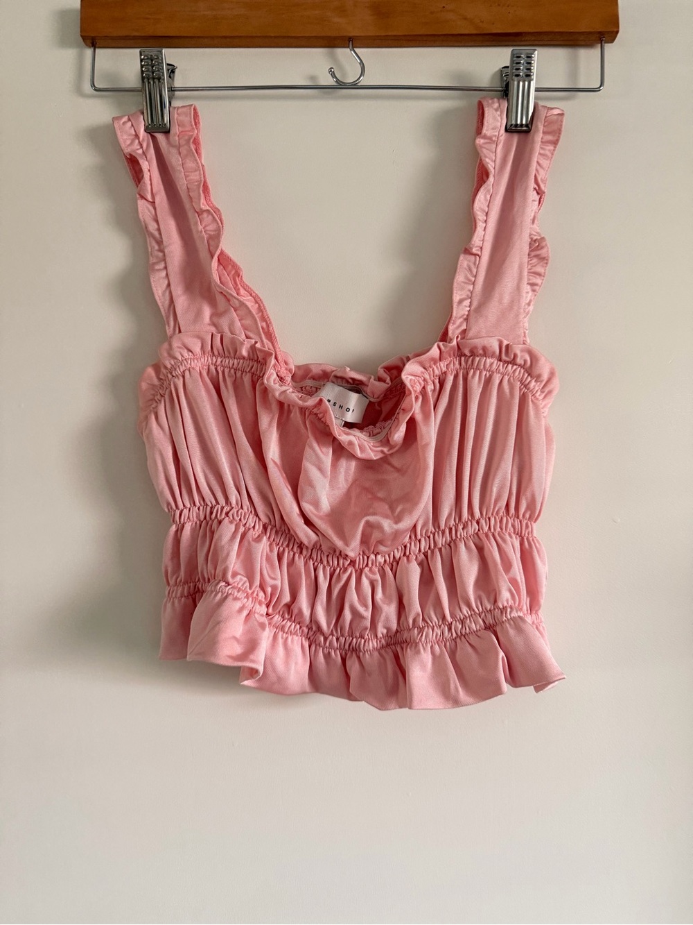 Topshop Light Pink Ruched Crop Top with Ruffle Trim